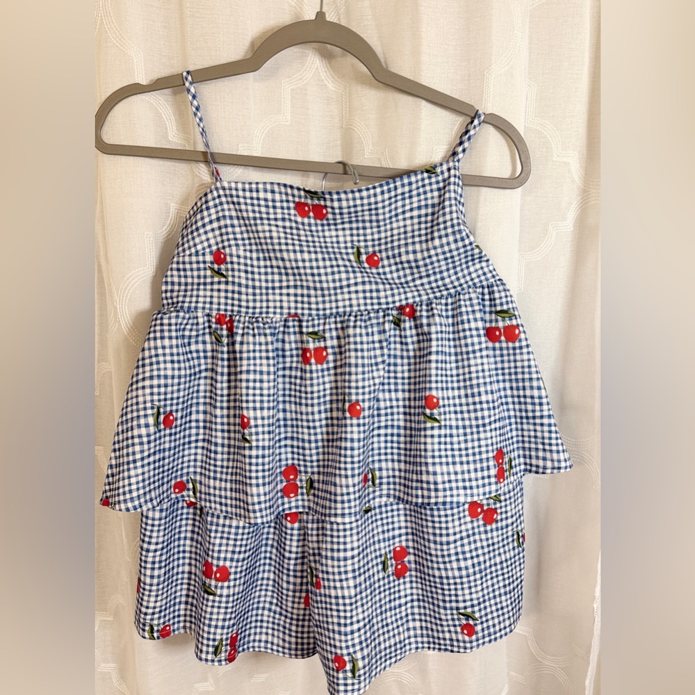 Blue Gingham Tie Top and Shorts Set with Cherry Print 🍒 | Size Large
